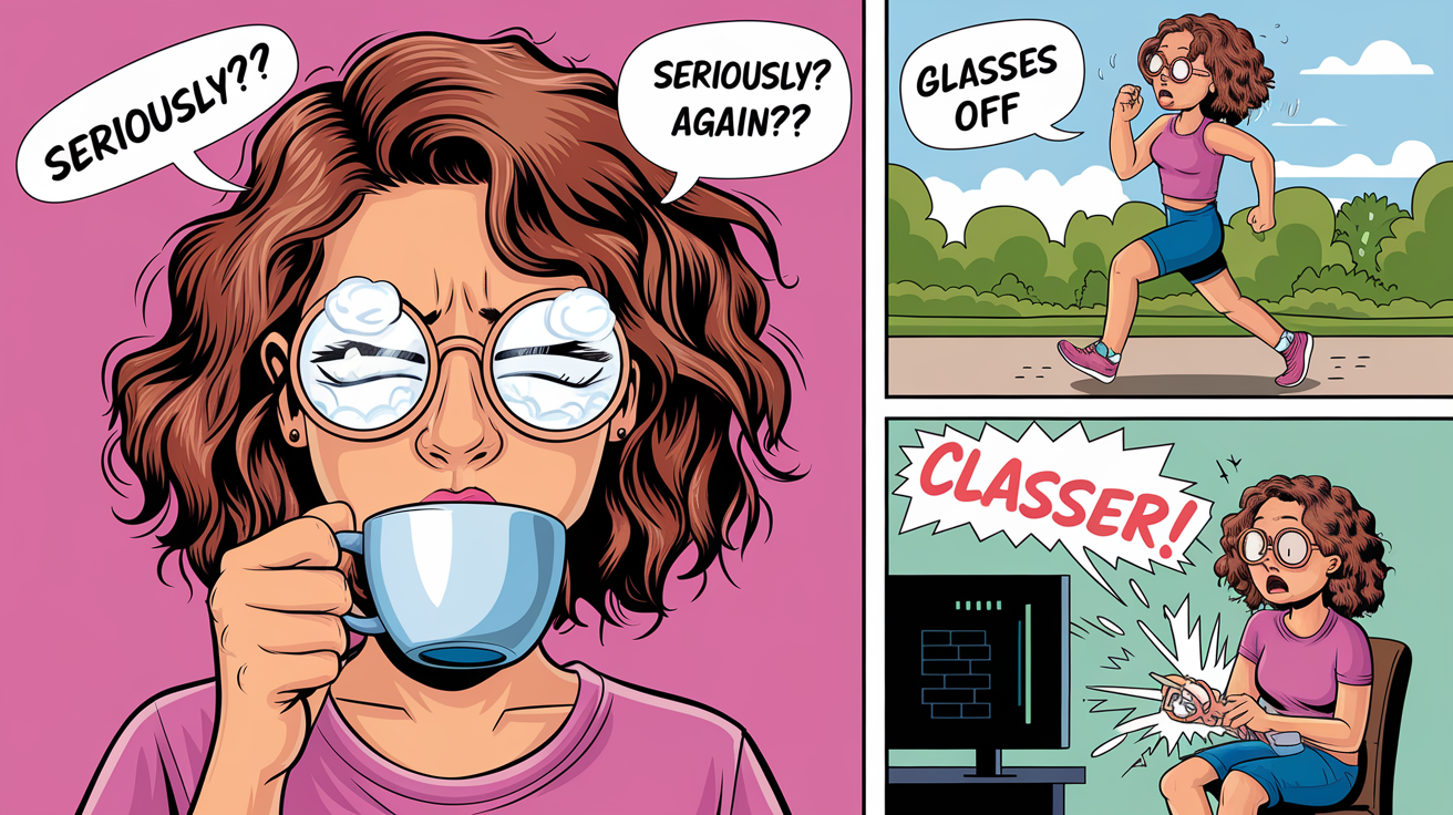 A comic-style illustration of Sarah, a young woman struggling with her glasses—fogged-up lenses, slipping off her nose while jogging, and accidentally breaking them while watching TV.