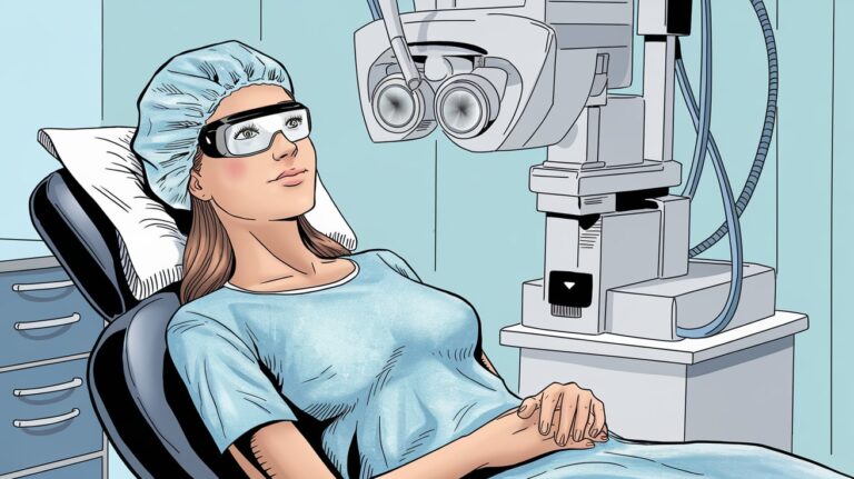 A comic-style illustration of Sarah lying on a surgical chair in a clinic, wearing protective goggles and a surgical cap, as a LASIK eye surgery machine hovers above her.