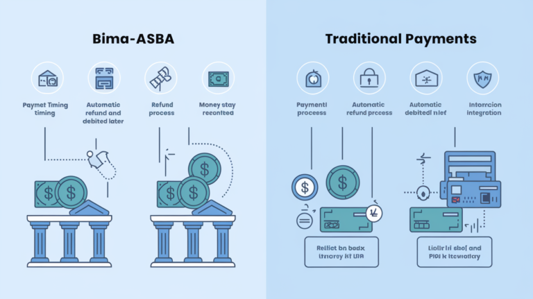 Comparison infographic of Bima-ASBA vs. Traditional Payments, showcasing key differences in payment timing, refund process, security, and integration with banks and UPI.