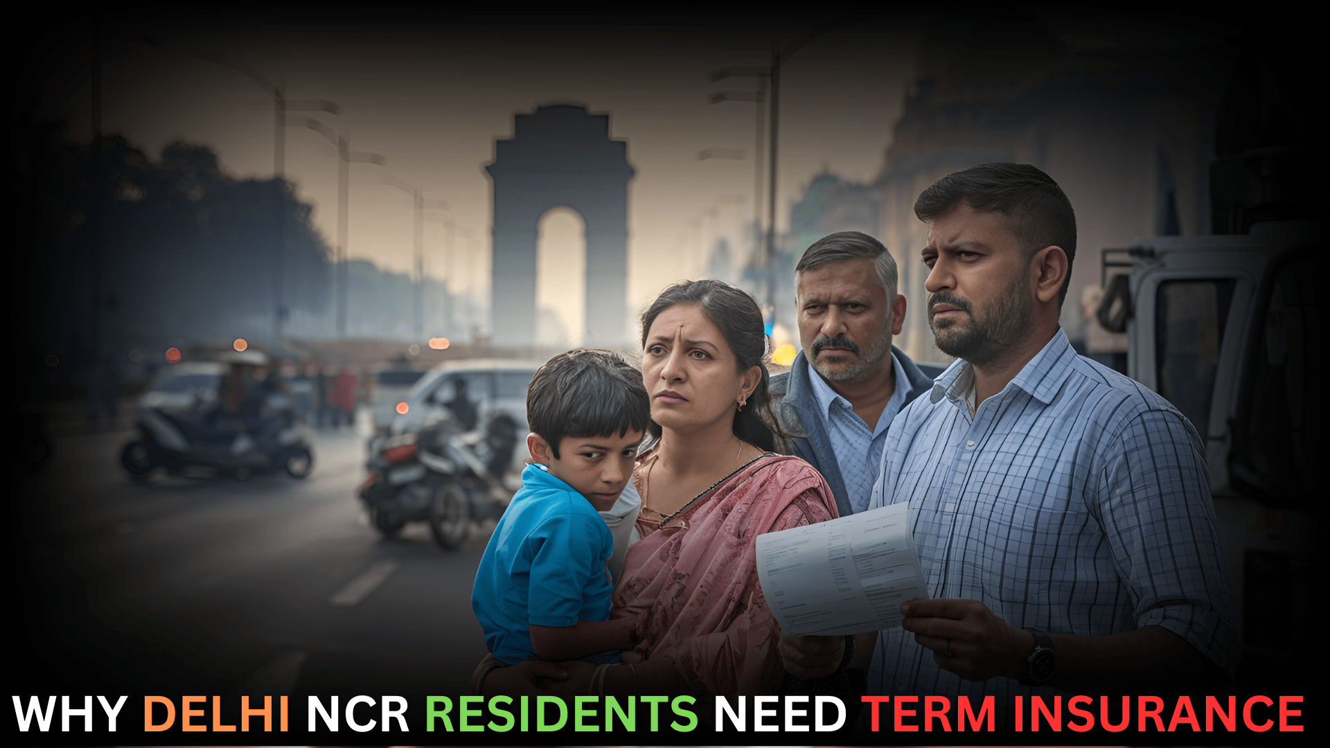 A worried Indian family in Delhi NCR holding medical bills, with India Gate in the background, depicting financial uncertainty and the need for term insurance.