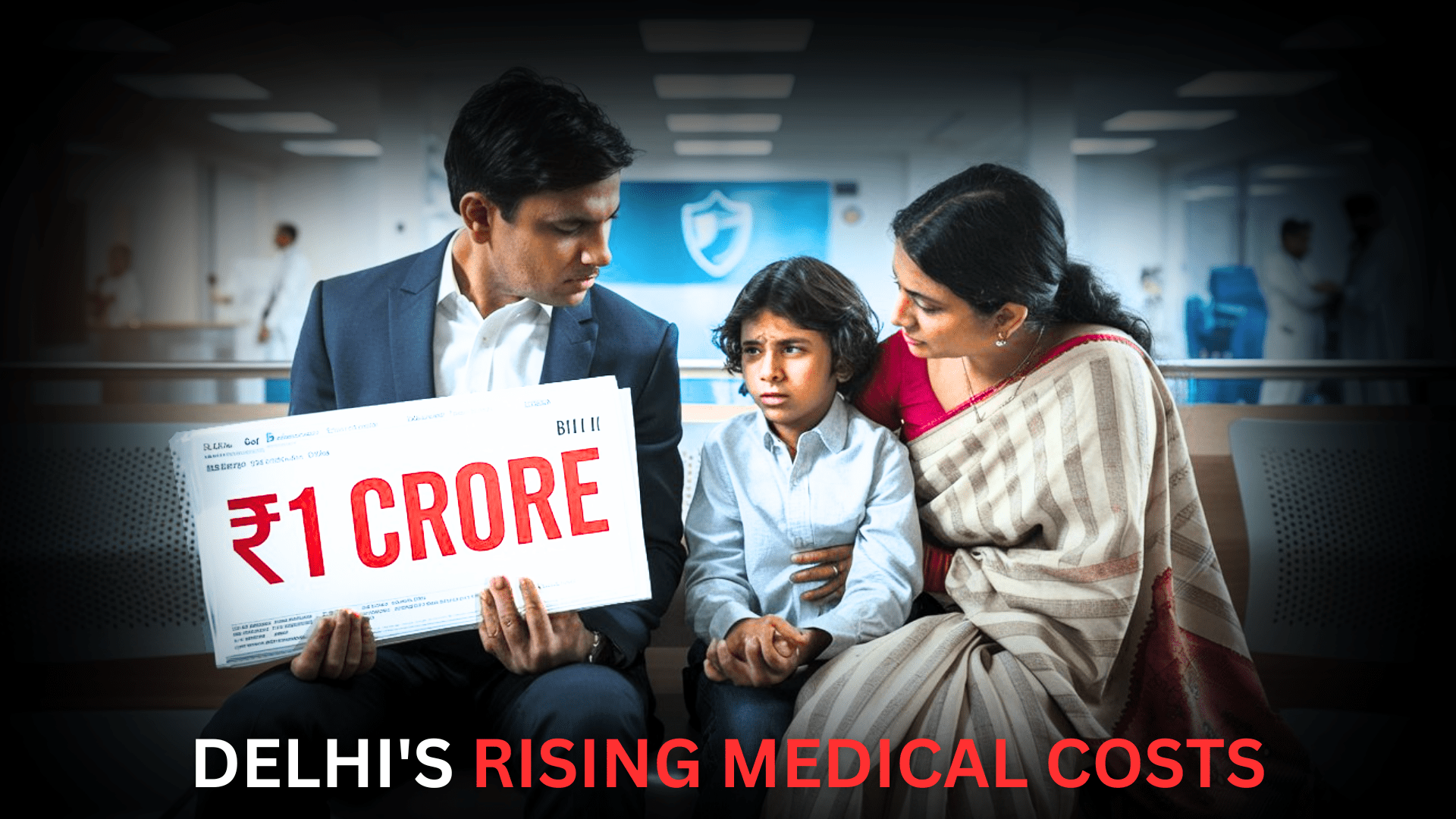 A middle-class Indian family in distress at a hospital, holding a medical bill of ₹1 Crore, highlighting Delhi’s rising medical costs and the need for health insurance.