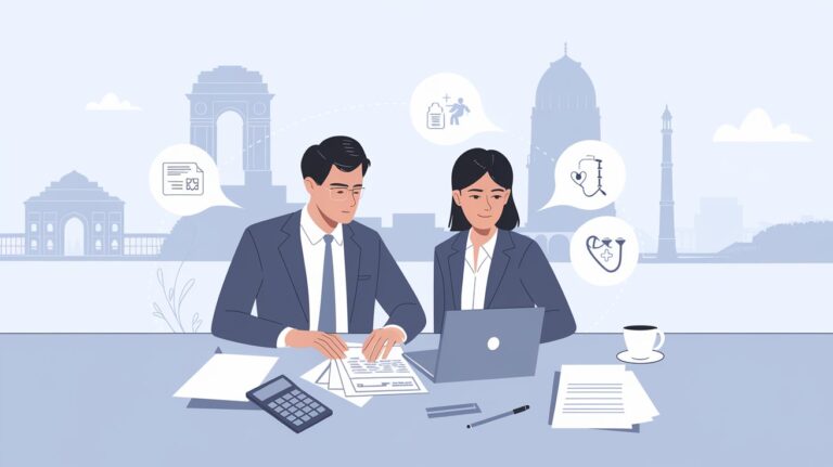 a clean, modern illustration with a sleek, professional feel for a blog about the best health insurance plans in Delhi for 2025. The image should feature a professional couple (a man and a woman in business-casual attire) sitting at a contemporary workspace like an office desk or a home study. They are reviewing health insurance options on a laptop or tablet, with documents, a calculator, and a cup of coffee nearby. The scene should convey a sense of security, trust, and professionalism. In the background, include stylized elements of Delhi, such as subtle silhouettes of Delhi’s landmarks (like India Gate or Qutub Minar) in a minimalistic, modern style, possibly with soft blues, grays, and white hues to keep the focus on the couple. Use icons representing health insurance, like health cards, hospital symbols, or medical icons, but make them sleek and unobtrusive, as part of the workspace. The overall vibe should be sophisticated, clean, and contemporary, with a focus on professionalism and the importance of health coverage in a bustling, modern city like Delhi
