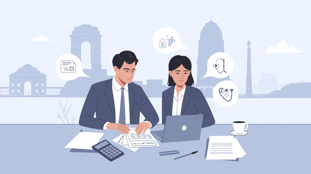 a clean, modern illustration with a sleek, professional feel for a blog about the best health insurance plans in Delhi for 2025. The image should feature a professional couple (a man and a woman in business-casual attire) sitting at a contemporary workspace like an office desk or a home study. They are reviewing health insurance options on a laptop or tablet, with documents, a calculator, and a cup of coffee nearby. The scene should convey a sense of security, trust, and professionalism. In the background, include stylized elements of Delhi, such as subtle silhouettes of Delhi’s landmarks (like India Gate or Qutub Minar) in a minimalistic, modern style, possibly with soft blues, grays, and white hues to keep the focus on the couple. Use icons representing health insurance, like health cards, hospital symbols, or medical icons, but make them sleek and unobtrusive, as part of the workspace. The overall vibe should be sophisticated, clean, and contemporary, with a focus on professionalism and the importance of health coverage in a bustling, modern city like Delhi